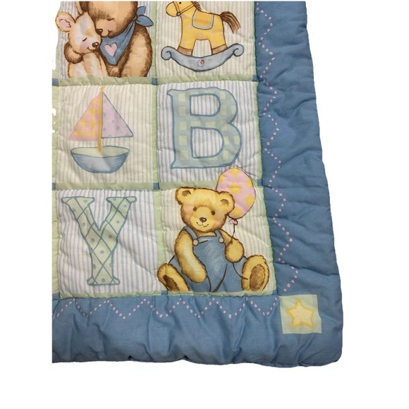 Vintage 90s Springmaid Baby Quilt Alphabet Blocks Blue Jeans Teddy Cottagecore - Picture 2 of 7